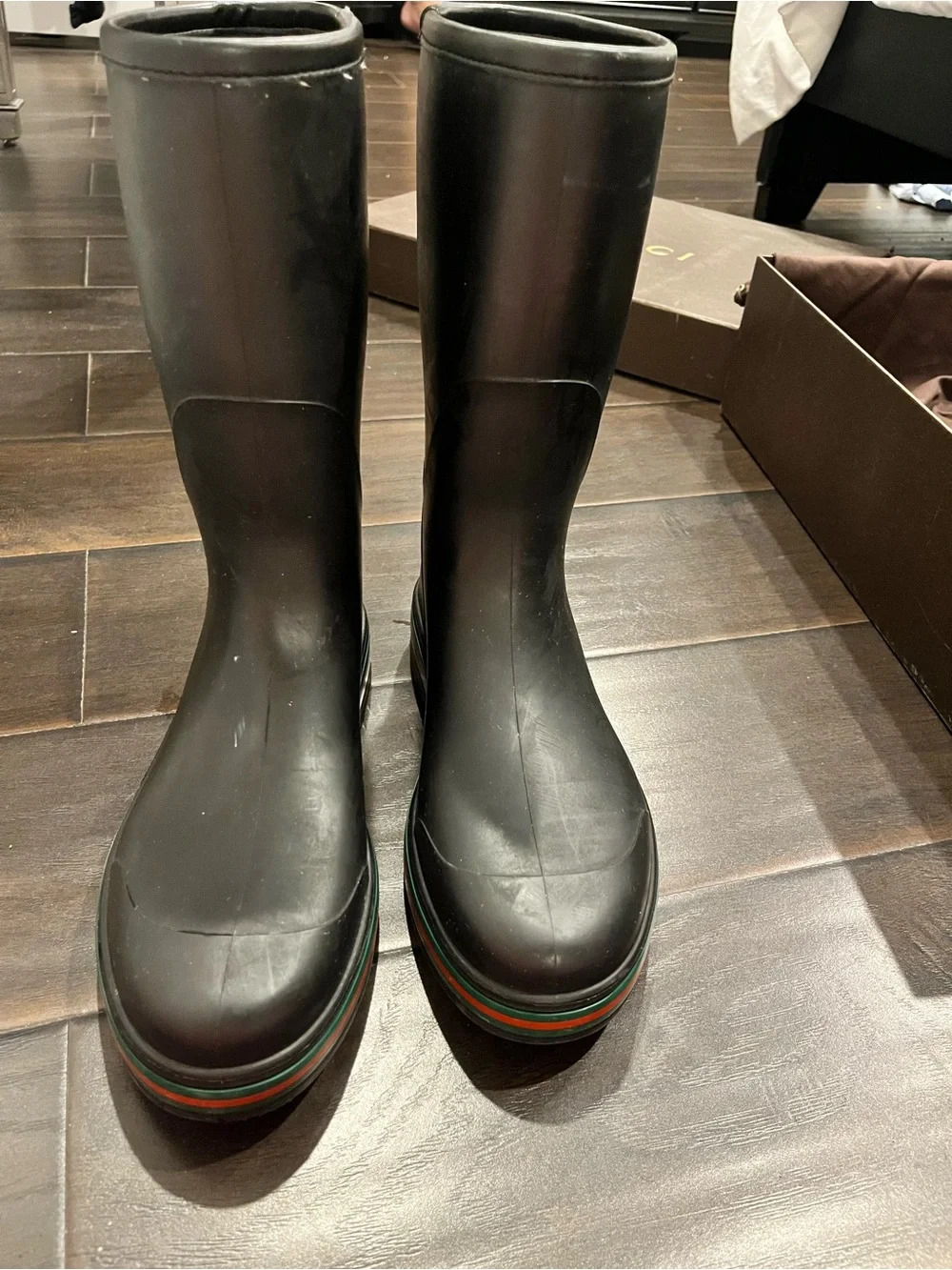 Gucci Black Rain & Snow Boots with Green and Red Stripe